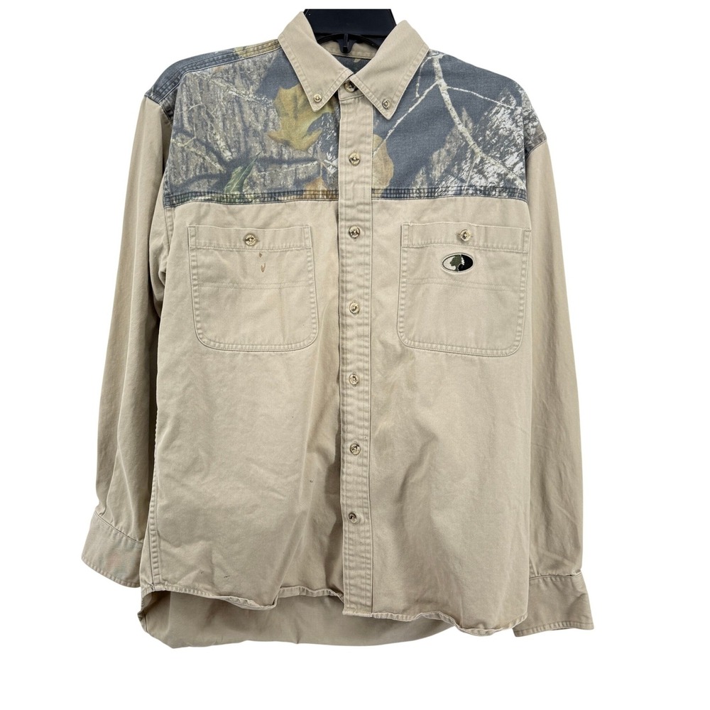 Mossy Oak LS Ridgeline Shirt Mens M Tan Cotton Camo Yoke Button Down Outdoor